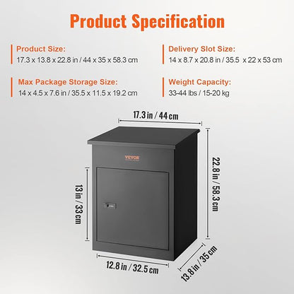 VEVOR Package Delivery Boxes for Outside, Extra Large Mailbox with Coded Lock, Galvanized Steel Wall Mounted Mailboxes 17.3"x13.8"x22.8", Anti-Theft Baffle, IPX3 Waterproof for Porch, Curbside
