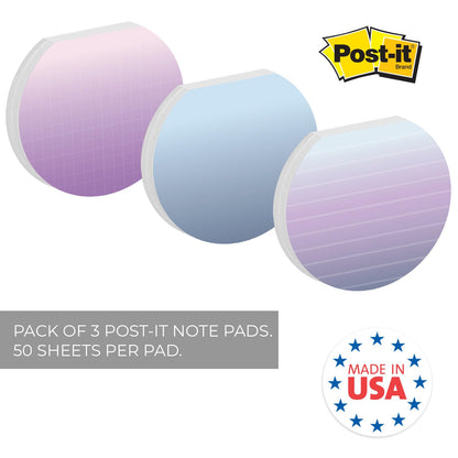 Ombre Sticky Note Pad Assortment/Set of 3 Round Flat Top Striped Planner Note Pads / 3.5" Grid Sticky Notes / 50 Sheets Per Pad/Made in USA