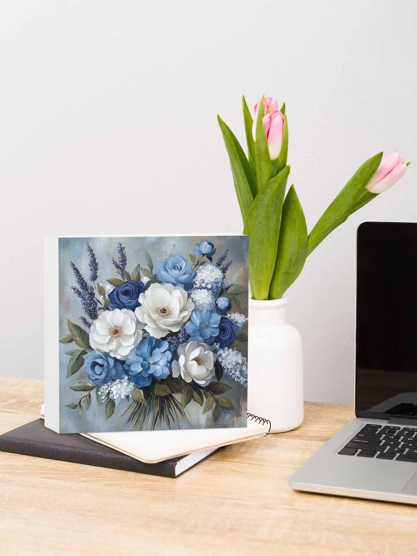 RisQiten Blue Spring Floral Home Room Office Decor Wooden Box Sign, Square Decorative Signs Plaques, Modern Art Flowers Pastoral Desk Decor Wood Block Plaque Shelf Table Decorations Gifts 6"x6"