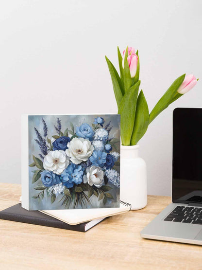 RisQiten Blue Spring Floral Home Room Office Decor Wooden Box Sign, Square Decorative Signs Plaques, Modern Art Flowers Pastoral Desk Decor Wood Block Plaque Shelf Table Decorations Gifts 6"x6"