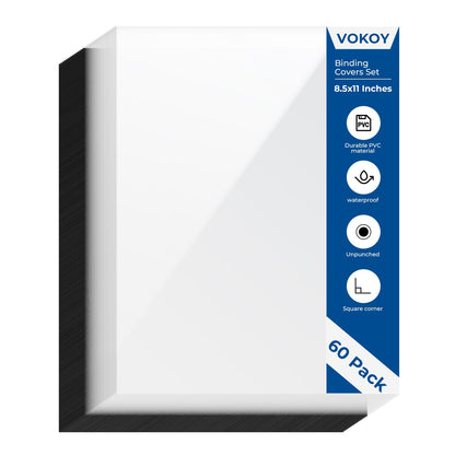 VOKOY 60 Pack 8.5x11 Inches Binding Covers and Backs Set, Letter Size Quality Un-Punched Report Covers, 30 Pcs 10mil Clear Binding Covers 30 Pcs 12mil Black Plastic Covers for Home Office School