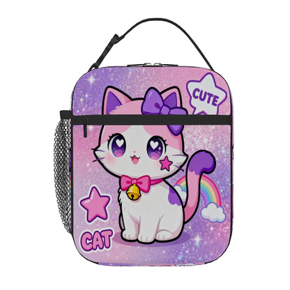 AUUXVA Cute Kids Insulated Lunch Bag - Girls Lunch Boxes for School Waterproof Lunchbox with Water Bottle Holder, Reusable Portable Lunch Tote for Office Beach Picnic(Cat)