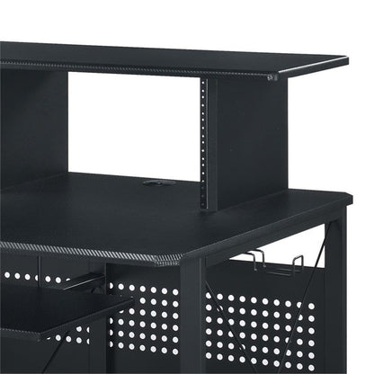 BOWERY HILL Music Desk, 72" L x 30" W x 40" H, Metal and MDF with Black Finish, Shelves and Compartments, Pull-Out Keyboard Tray, Cord Management, Multi-Function Desk for Home Studio or Office Use