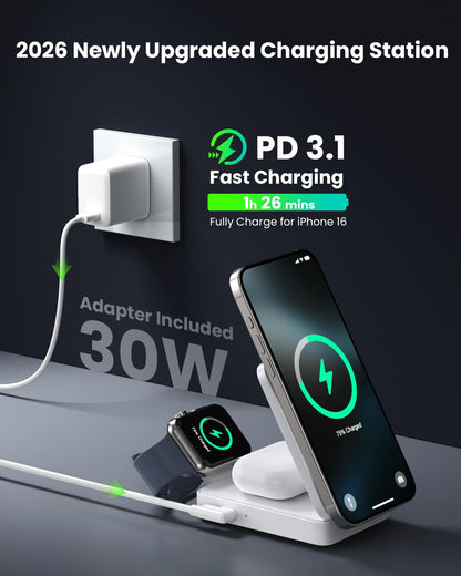 3 in 1 Wireless Charger Charging Station for iPhone,Travel Foldable Magnetic 15W Fast Wireless Charger Stand for Mag-Safe with 30W USB C Adapter for iPhone 17/16/15/14/13/12,Apple Watch,AirPods