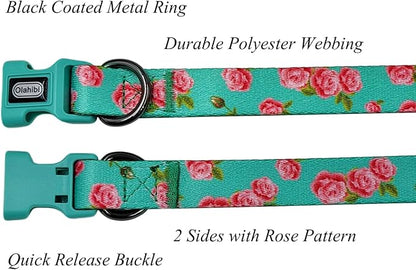 Dog Collar Leash Set, Floral Pattern, Polyester Material, Adjustable Collar and 5ft Matching Leash, for Puppy Dogs.(XS, Green Rose)