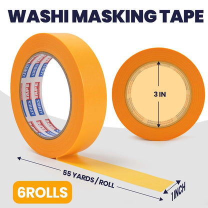 ADHES Orange Washi Tape, 1 in x 60 Yards x 6 Rolls, Decorative Masking Tape for Crafts, Journaling, DIY & Labeling, Easy Tear, Removable, No Residue