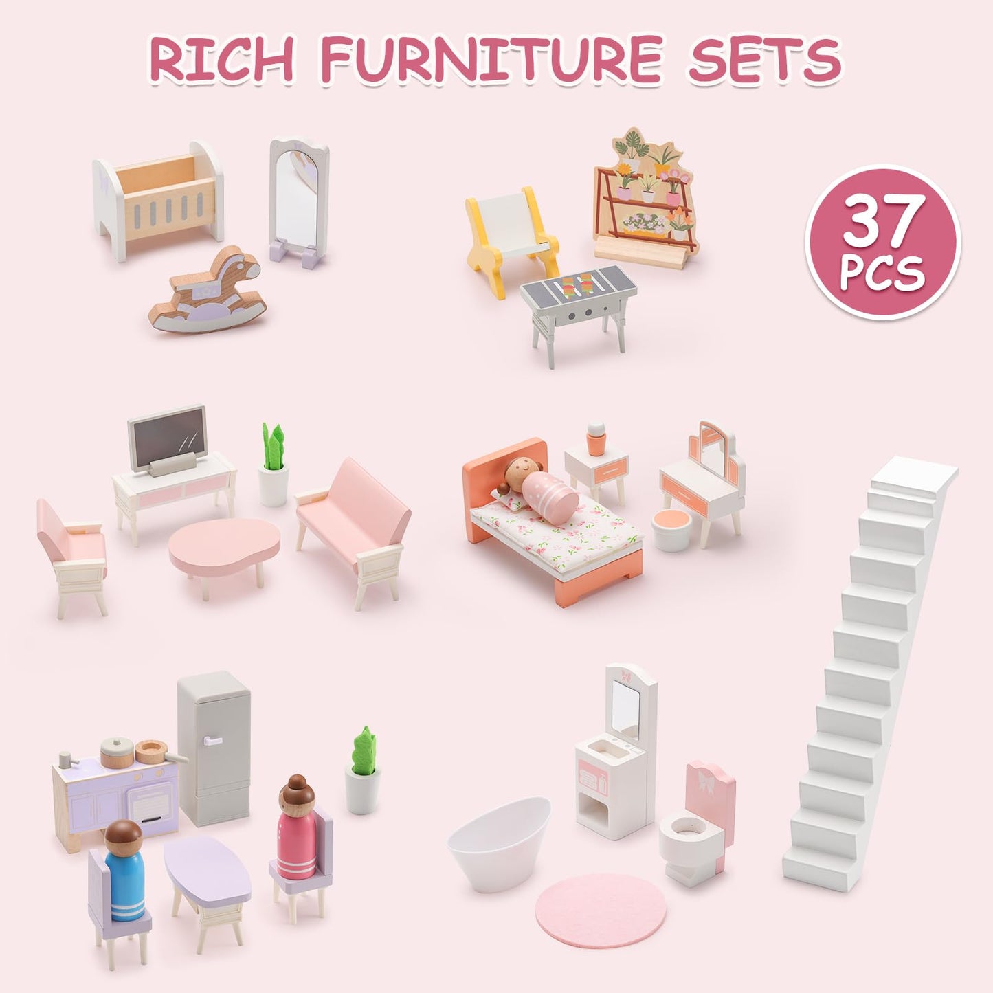 SainSmart Jr. Wooden Dollhouse for Girls, Modern Family Doll House with 37Pcs Furniture & Accessories, 3-Story Pretend Playhouse Toy Gift for Kids Ages 3+