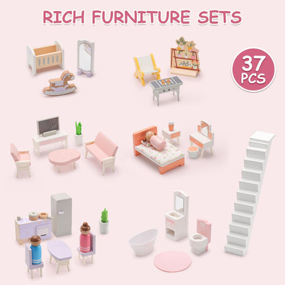 SainSmart Jr. Wooden Dollhouse for Girls, Modern Family Doll House with 37Pcs Furniture & Accessories, 3-Story Pretend Playhouse Toy Gift for Kids Ages 3+