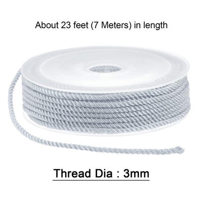 HARFINGTON Twisted Nylon Twine Thread Beading Cord 3mm 7M/23 Feet Extra-Strong Braided Nylon String for Crafting Bracelets Jewelry Making, Light Grey