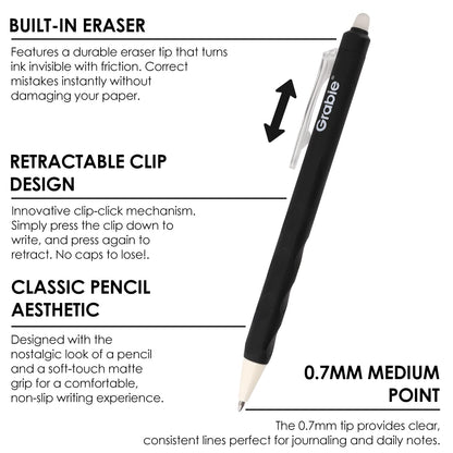 Grabie Erasable Gel Pens, Medium Point 0.7 mm Erasable Pens, Make Mistakes Disappear for Drawing Writing Planner, Pack of 6, Black/Blue/Red