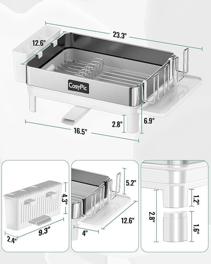 Dish Racks, Thicker Premium 304 Stainless Steel Dish Drying Rack for Kitchen Counter, Automatic Drainage Spout, Dish Drainer & Drainboard Set with Utensil Holder and Cup Holder, White
