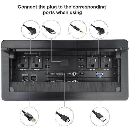 Tabletop Multimedia Connectivity Box with 4 AC Power+2 HDMI+2 RJ45+1 USB3.0 Port +1 USB-C +2 Audio with 5.58ft Power Cord for Conference Room Office Desk(Black)