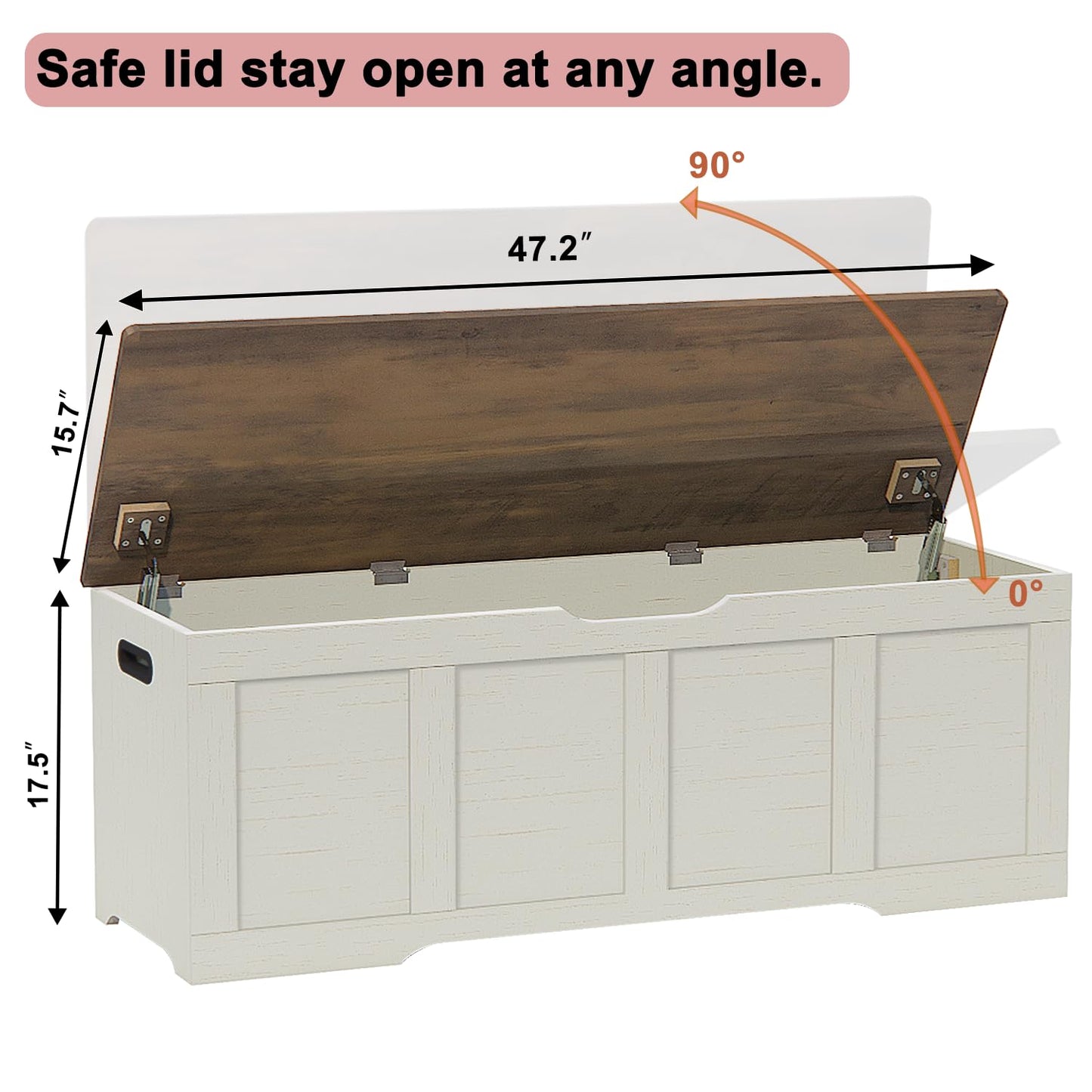 Timberer 47.2" Storage Chest, Extra Large Storage Trunk with 2 Safety Hinges, Wooden Storage Bench, Shoe Bench, Entryway Bench for Living Room, Bedroom, Brown and Rustic White