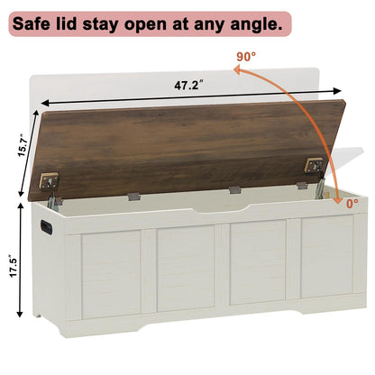 Timberer 47.2" Storage Chest, Extra Large Storage Trunk with 2 Safety Hinges, Wooden Storage Bench, Shoe Bench, Entryway Bench for Living Room, Bedroom, Brown and Rustic White