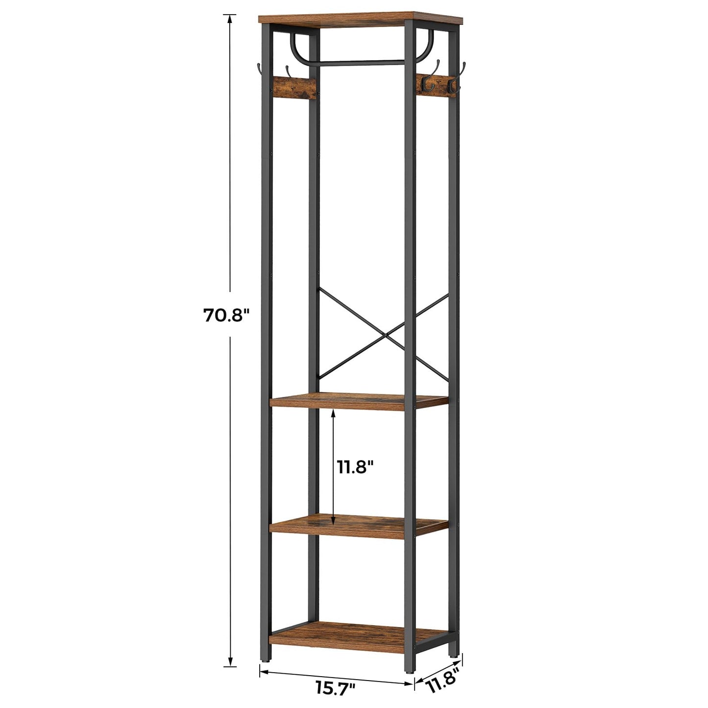 Cerlyunzan Coat Rack with Hanging Rod, Garment Rack with 3 Wooden Shelves and 4 Hooks, Freestanding Hall Tree, Industrial Clothes Rack Stand Organizer, Rustic Brown and Black