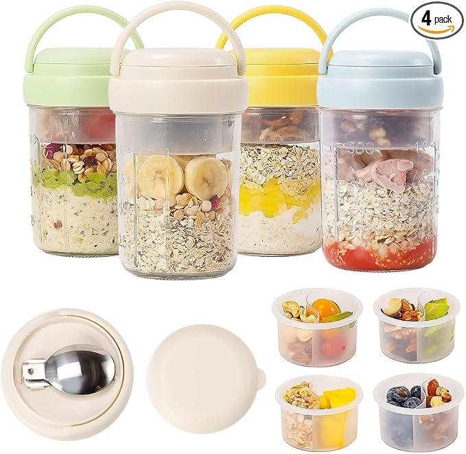 UWILLION 4 Pack Overnight Oats Containers with Handles, 16 oz Glass Mason Jars with Lids, Folding Spoons & Topping Compartments, Yogurt Parfait Cups for Weekly Meal Prep, Chia Pudding & Snacks