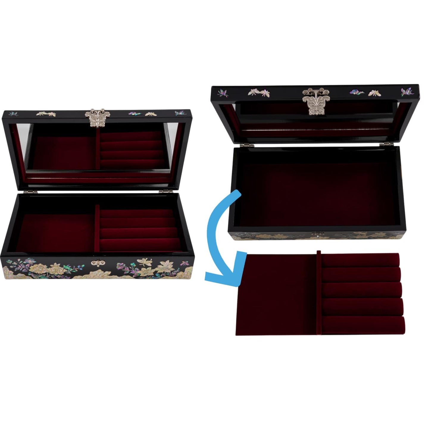 February Mountain Mother of Pearl Jewelry Organizer box - Handmade Large Wooden Box Romantic Anniversary Birthday Gifts for women (Butterflies in Peony Garden)