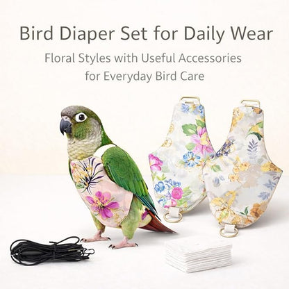 5PCS Bird Diaper Harness Set with Flight Leash and Disposable Liners, Reusable Bird Diapers for Parrots Conures Cockatiels Parakeets, Adjustable Bird Harness for Indoor Companion Birds(M)