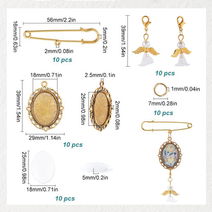 SUNNYCLUE 1 Box 10 Sets Gold Wedding Bouquet Photo Charms Memorial Picture Charm Personalized Glass Oval Picture Cabochons Brooch Pin Angel Wing Charms Kits for Wedding Bride Groom Party Gifts Flowers