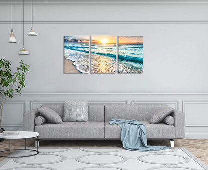TutuBeer 3 Panel Canvas Wall Art for Home Decor Blue Sea Sunset White Beach Painting the Picture Print on Canvas Seascape the Pictures For Home Decor Decoration,Ready to Hang