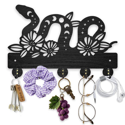 MAYJOYDIY Wooden Snake Moon Phase Key Holder for Wall 11.8x7.8inch Flower Snake Animal Key Rack Magic Animal Key Hanger 5 Alloy Hooks for Entryway Front Door Hallway Wall Art Decoration