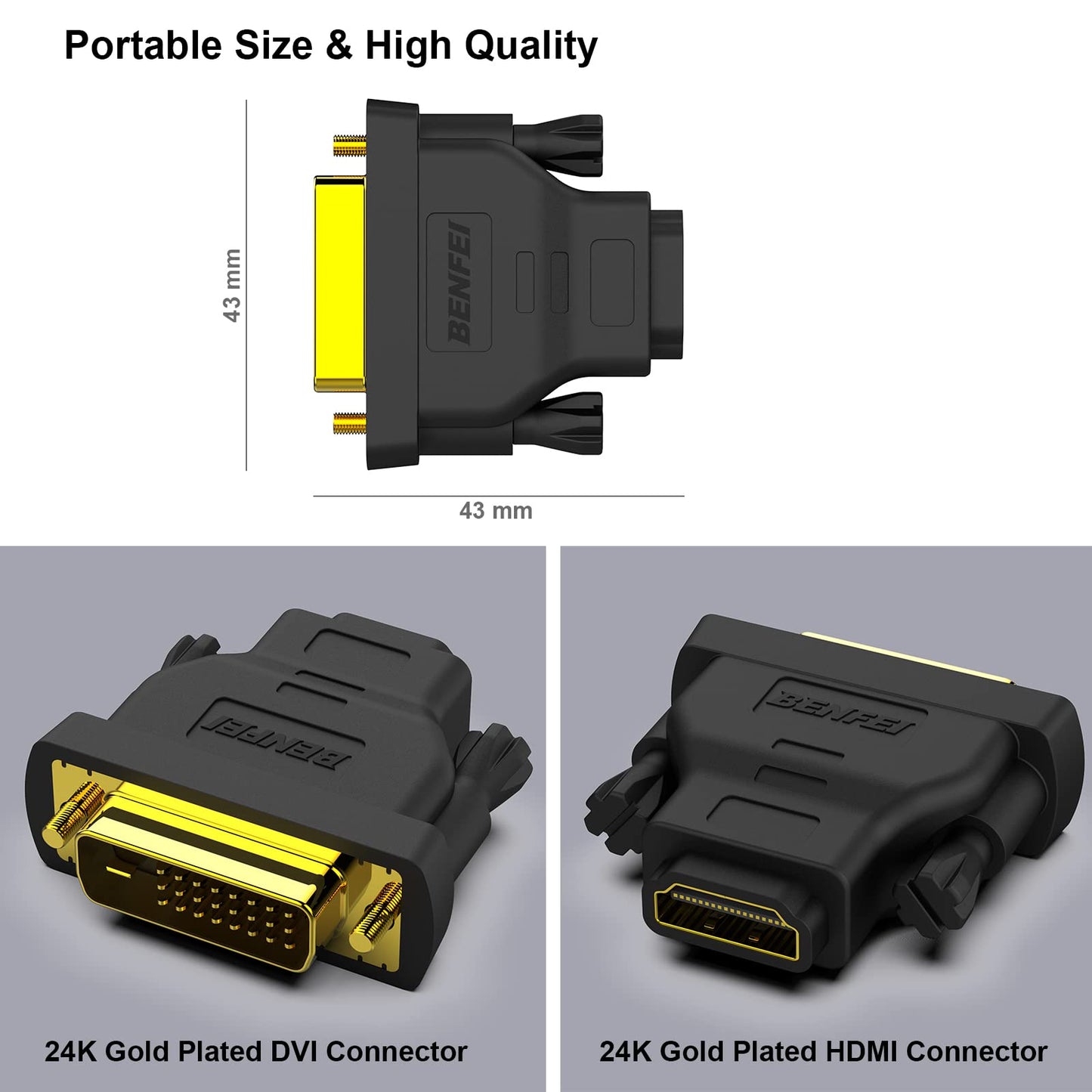 BENFEI DVI to HDMI, Bidirectional DVI-D to HDMI Male to Female Adapter with Gold-Plated Cord 2 Pack