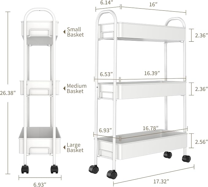 Slim Rolling Cart, Metal Frame Utility Rolling 3-Tier Narrow Storage Cart with Handle Kitchen Storage Organizer, Mobile Shelving Unit for Bathroom Kitchen