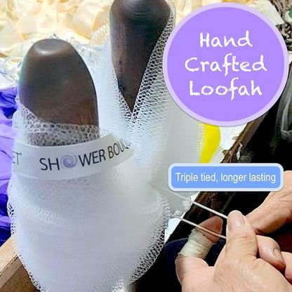 SHOWER BOUQUET Loofah Soft-White-Cloud XL Bath-Sponge 4-Pack // Extra Large 75g Mesh Loofa Lufa Pouf Set for Men and Women - Exfoliate with Big Gentle Cleanse Scrubber in Beauty Bathing Accessories