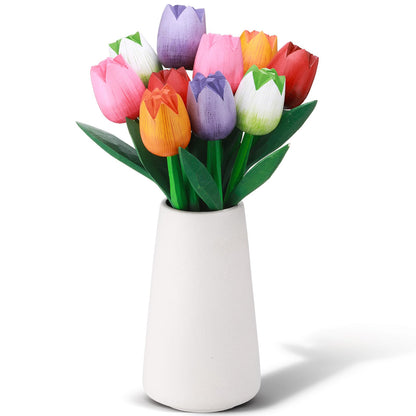 CroBlissful 10 Pcs 9 Inch Spring Wooden Tulip Flowers Gift for Graduation Spring Decorations for Home Wood Tulips Table Centerpieces for Vase Tabletop, April Showers Bring May Flowers Decor