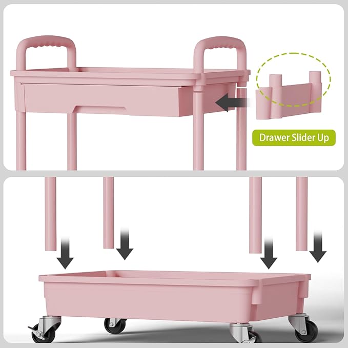 Sorgion 3 Tier Rolling Cart Organizer,Laundry Room Bathroom Organizers and Storage Office Shelves Mobile Shelving Unit Kitchen Trolley Cart with Wheels for Art,Craft,Diaper,Bedside,Snack(Pink)