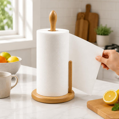 JURHSDEGD Wooden Paper Towel Holder – Weighted Wide Base, Fits Jumbo & Standard Rolls, One-Hand Tear, Kitchen Countertop Organizer