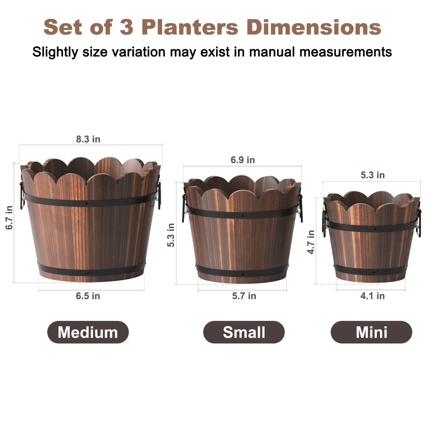 HakkaGirl Wooden Bucket Barrel Planters, Rustic Patio Planters Flower Pots for Plants Indoor Décor, Set of 3