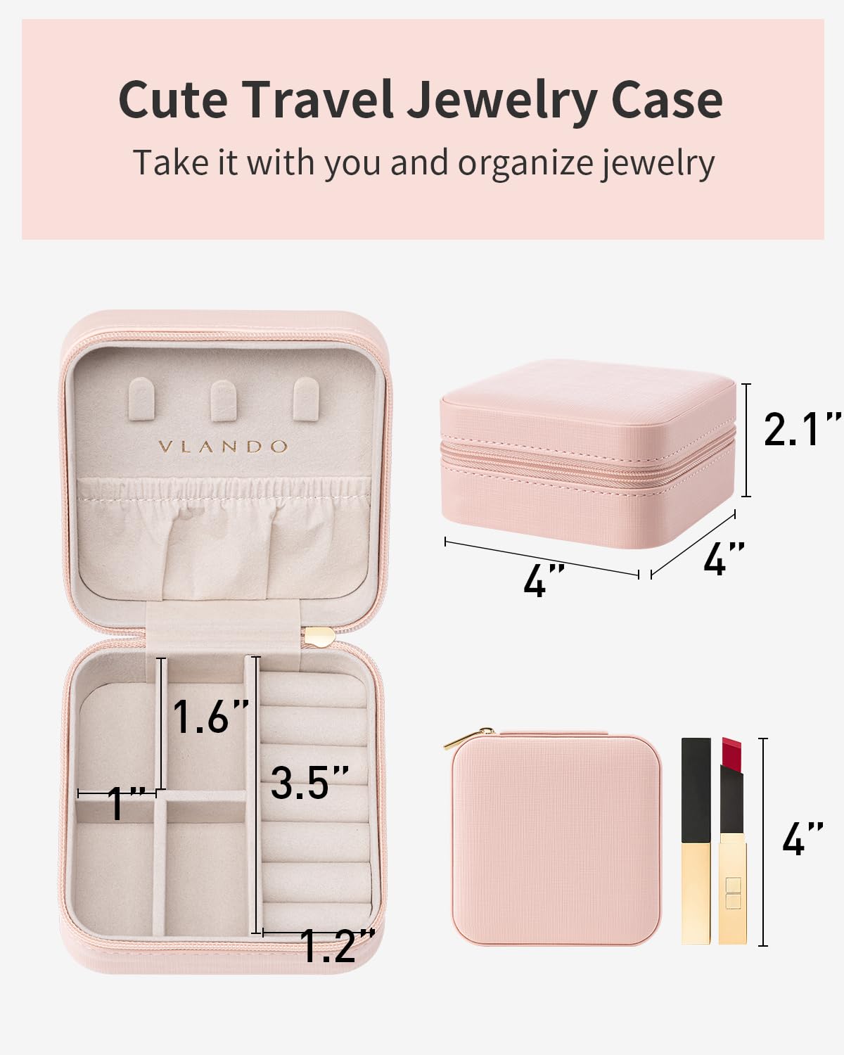 VLANDO Travel Jewelry Case - Teacher Appreciation Gifts for Women - Small Jewelry Travel Organizer Box Travel Essentials Gift for Teen Girl Women - Pink