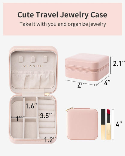VLANDO Travel Jewelry Case - Teacher Appreciation Gifts for Women - Small Jewelry Travel Organizer Box Travel Essentials Gift for Teen Girl Women - Pink