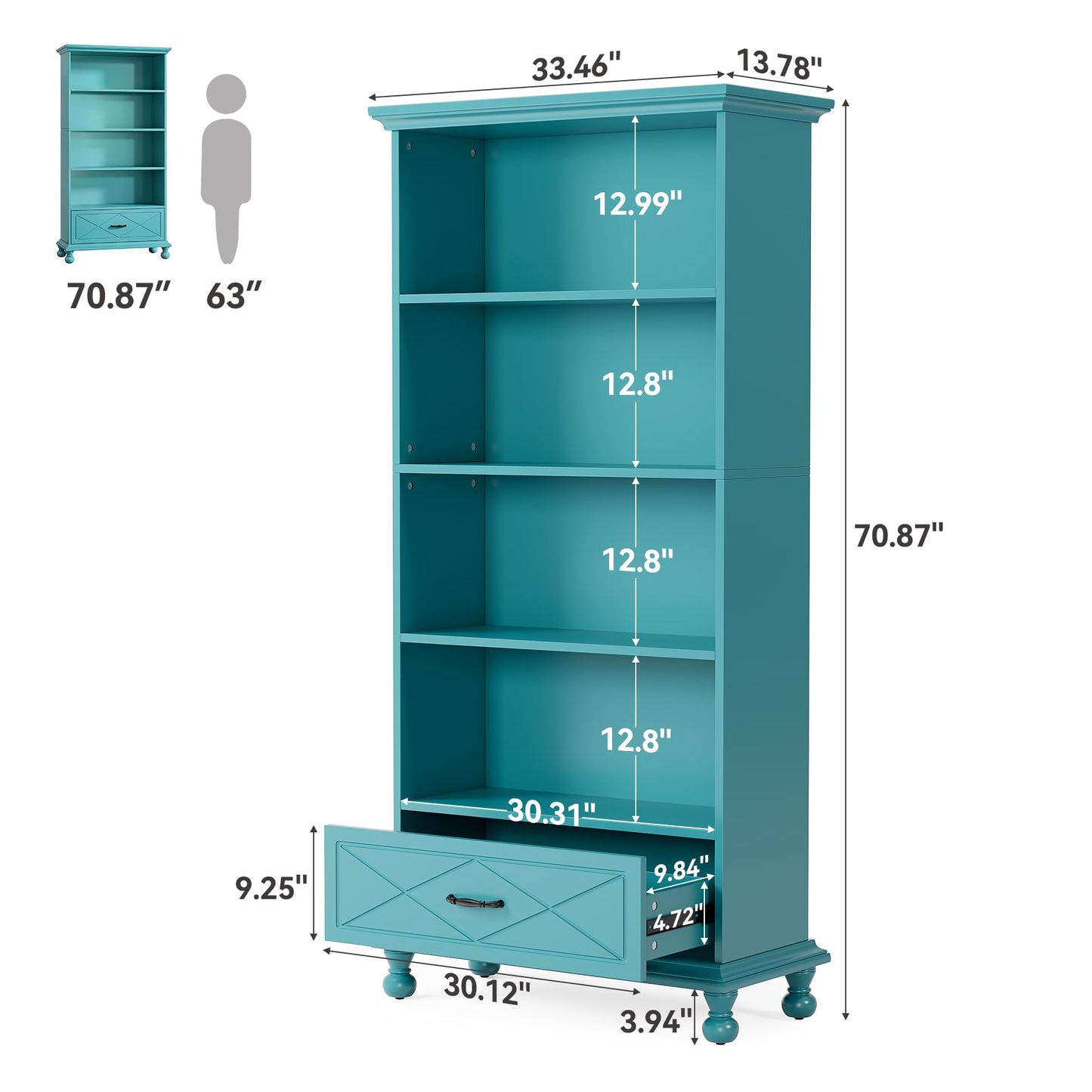LITTLE TREE Bookshelf Set of 2 with Drawer, 6-Tier Tall Bookcase with Storage, 71-Inch Large Wooden Display Organizer for Bedroom, Home Office, Living Room, Ocean Blue