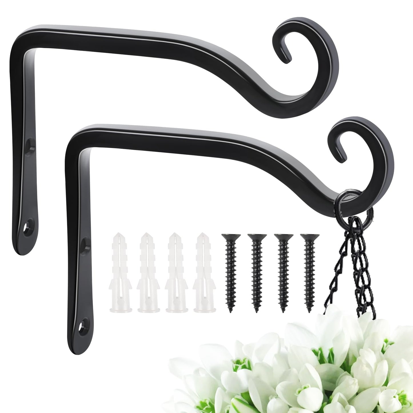 FEED GARDEN Heavy Duty Plant Hooks - 2 Pack 6 Inch Wall Mounted Hanging Brackets, 44lb Capacity Steel Plant Hangers for Bird Feeders, Baskets, Wind Chimes - Black