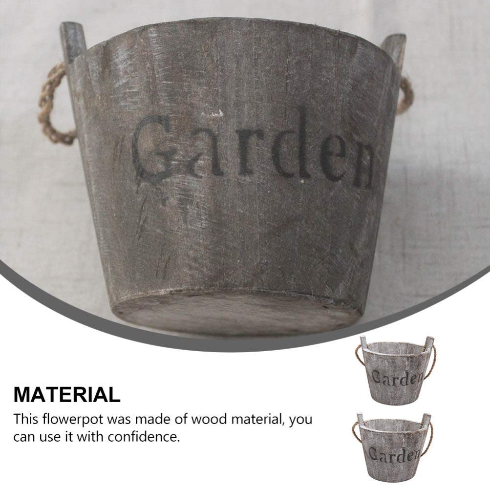 Hemoton Wooden Barrel Planter 2Pcs Set Rustic Bucket Flower Pot Decoration with Handle for Indoor Outdoor Succulent Plants