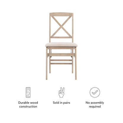 Keira Grey Wash Wooden Folding Chair with Beige Upholstered Seat and Classic Wooden X Back by Linon