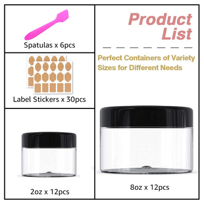 8 oz Plastic Containers with Lids + 2oz Small Containers with Lid (Set of 24) Plastic Jars with Lids Cosmetic Jar - for Lip Scrub, Body Butters, Cream, Slime, Craft Storage