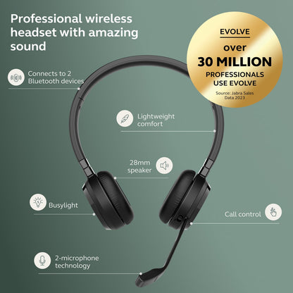 Jabra Evolve 65 TE (Third Edition) Wireless Dual-Ear Headphones - Noise-Canceling Mic, 16 hrs Battery Life, Dual Connectivity, MS Teams Certified, Supports Other Platforms, Black