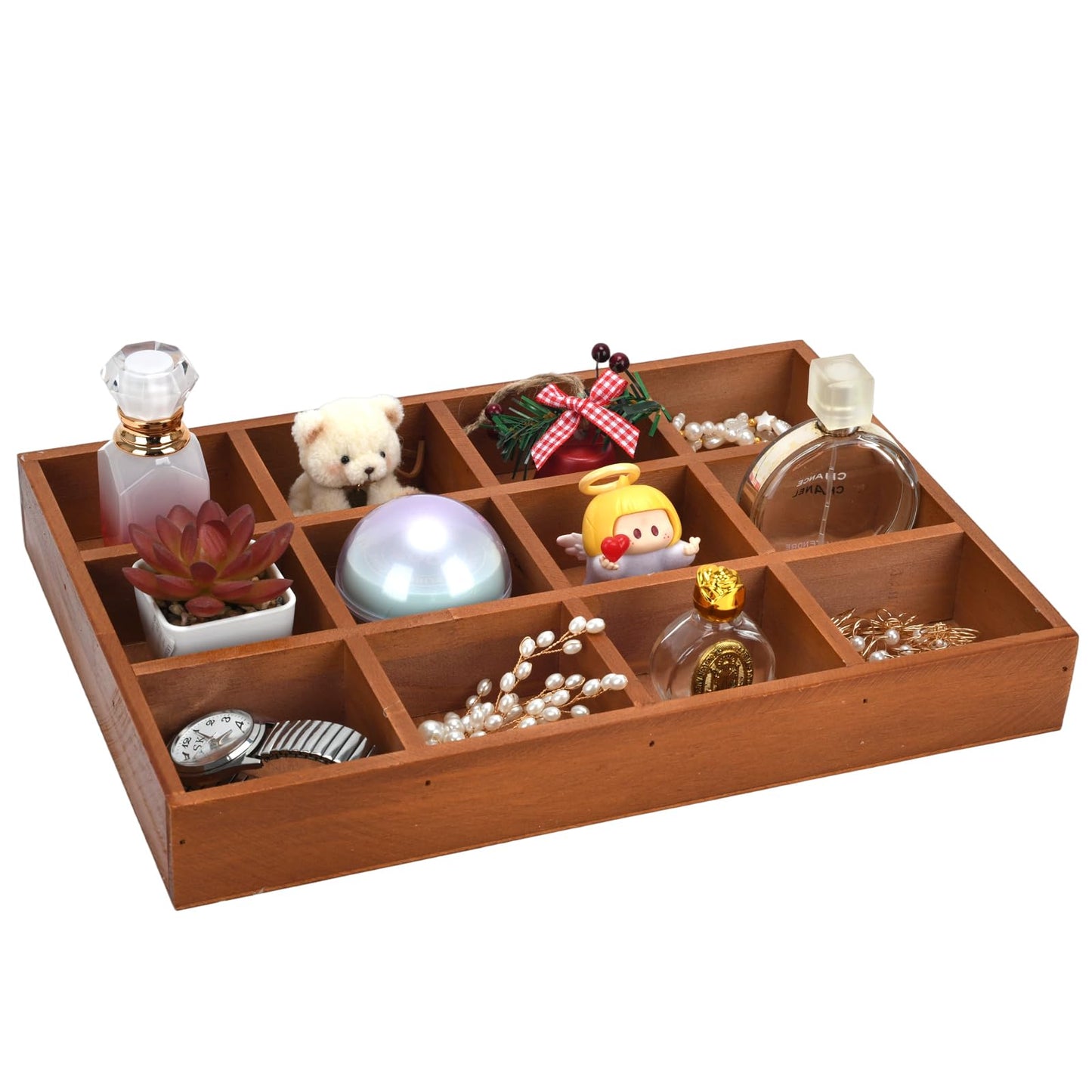 Natural Wooden Sorting Tray,Multi-Grid Sectional Organizer Tray,Sturdy Wood Divided Storage Tray for Jewelry,Beads,Game Pieces,Craft Supplies,Small Parts Sorting & Home Desktop Organization (Brown)