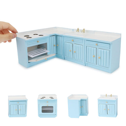 Miniature Furniture Dollhouse Kitchen Cabinets Set 1:12 Scale Wooden Model Freely Combined 4PCS Mini House Accessories Furnishings Kit Decoration Gift (Blue)
