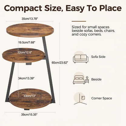BEWISHOME Round Side Table, 3-Tier End Table, Nightstand with Metal Frame, Vintage Accent Table for Small Spaces with Storage Shelf, Living Room, Bedroom, Brown, 15.35"L x 13.78"W x 23.62"H, KTZ41Z