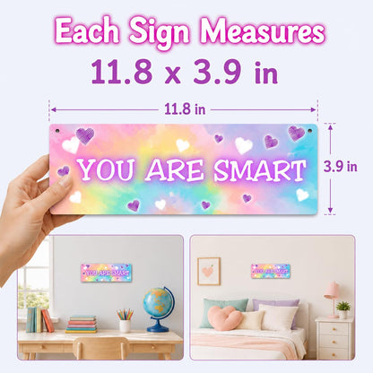 4 Pieces Tie Dye Kids Room Wall Decor Wooden Signs, Motivational Wall Art for Girls Bedroom, Nursery, Playroom, Classroom Decor, You Are Loved Brave Kind Smart(Sign-04)