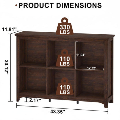 BON AUGURE 6 Cube Storage Organizer Book Shelf, Horizontal Bookshelf with Round Corners, Rustic Low Wooden Bookcase for Living Room, Bedroom, Office - Brown Cherry, 43" Wide