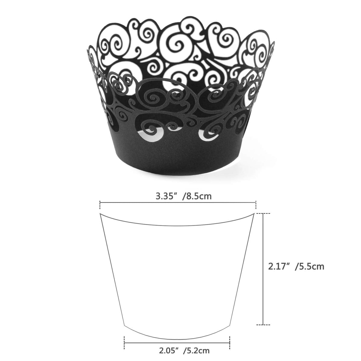 Cupcake Wrappers, KPOSIYA 100 Pack Cupcake Wraps Filigree Artistic Bake Cake Paper Cup Little Vine Laser Cut Liner Baking Cups Muffin Case Trays for Wedding Party Birthday Decoration (100, Black)