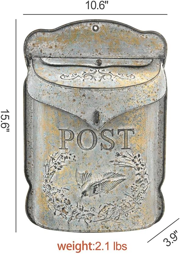 Wall Mount Mailbox for Outside Vintage Mail Boxes for House Outside Metal Door Mailbox Drop Box Antique Style Nostalgic Charm Home Decorative, Bird Pattern, Gray