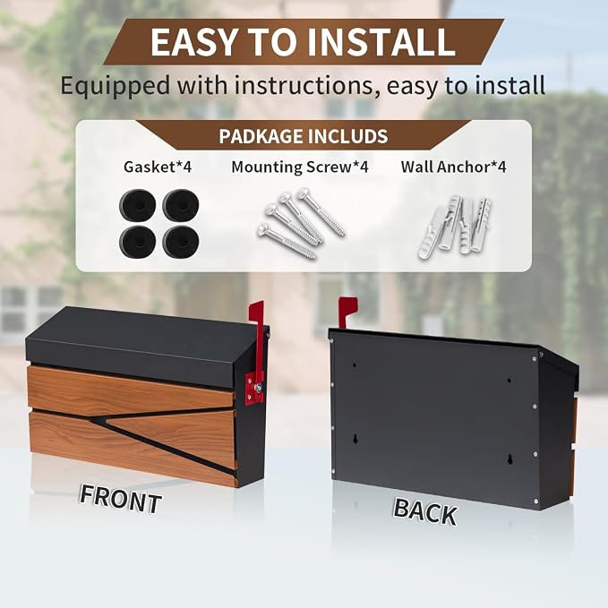 Ydocabinit Wall Mount Mailbox, Large Capacity Mailbox for House, Flag Kit, Galvanized Steel Rust-Proof Metal Post Drop Box, Mailboxes for Outside, 15.74"×9.84"×4.33", Wooden Patterned Metal Sheet