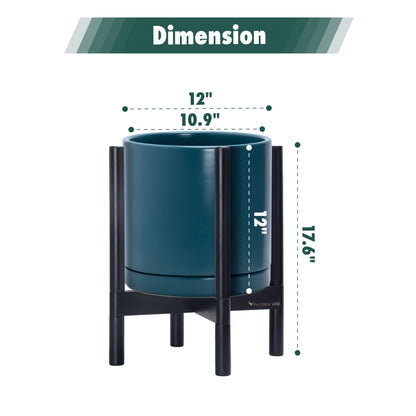 D'vine Dev Ceramic Planter with Ebony Stand - 12 Inch Modern Round Flower Pot with Wood Planter Holder, Teal, 55-B-H-4