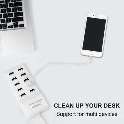 10-A Port USB Charger Station, smart Multiple Charging Block/USB Power Strip for Multiple Devices,Mobile Phones and iPads,Smart Watches Tablets (White)